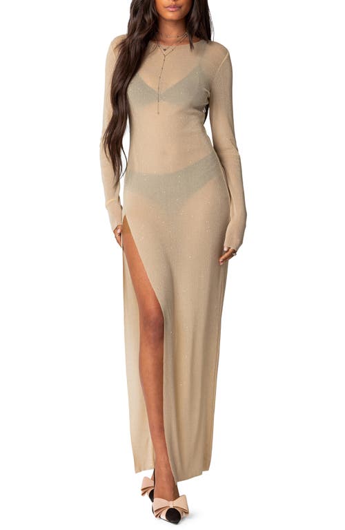 EDIKTED Glitter Long Sleeve Mesh Maxi Dress Champagne at Nordstrom,