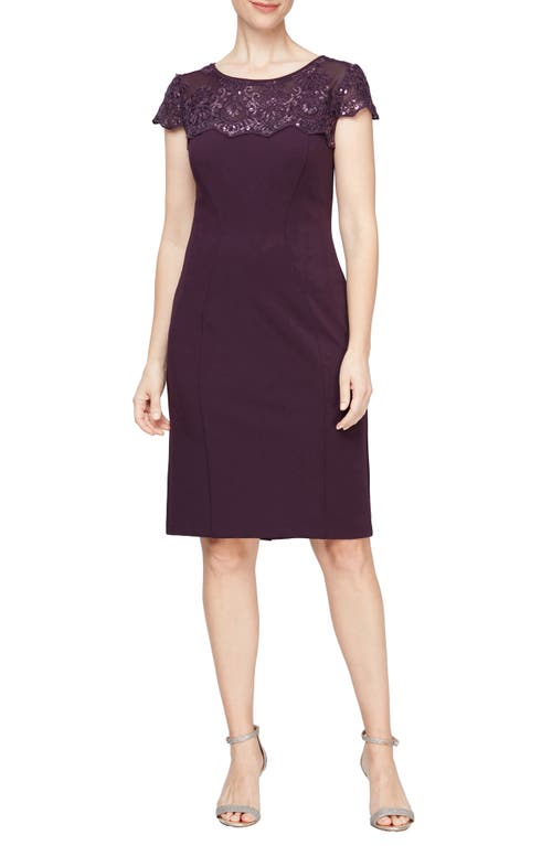 Alex Evenings Sequin Embroidered Yoke Sheath Cocktail Dress in Eggplant at Nordstrom, Size 10P