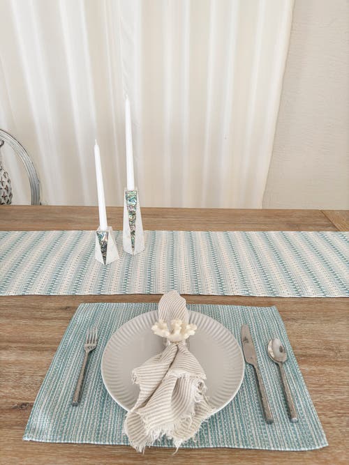 Anaya Summer Twist Indoor Outdoor Table Runner In Aqua Blue