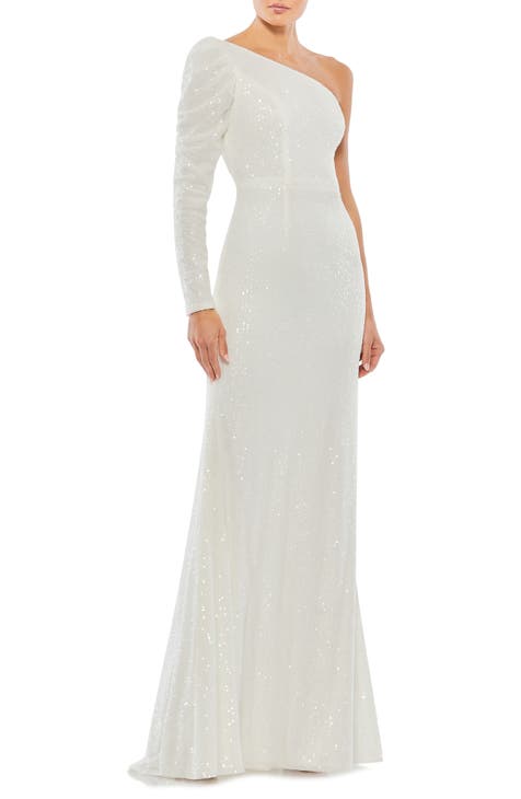 One-Shoulder Long Sleeve Sequin Trumpet Gown