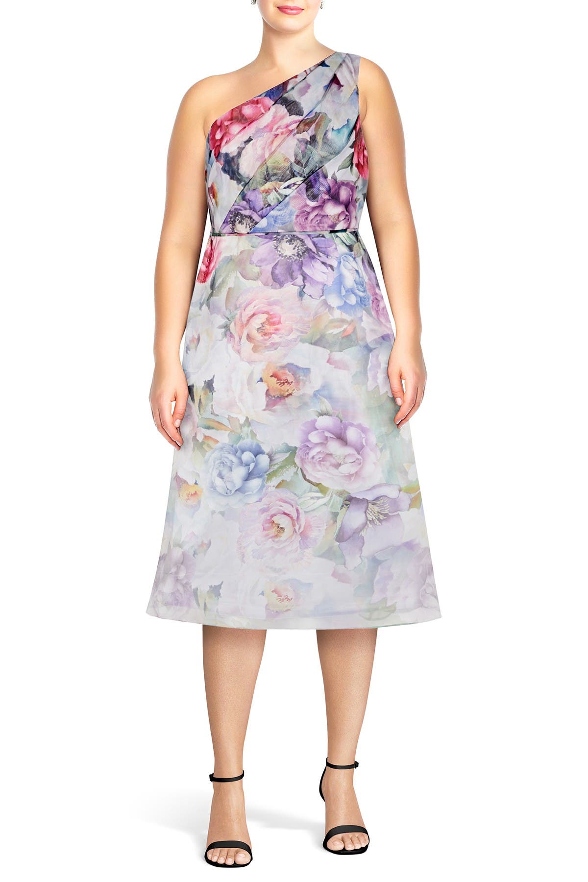 Adrianna Papell One-shoulder Floral Organze Midi Dress In Ivory Multi