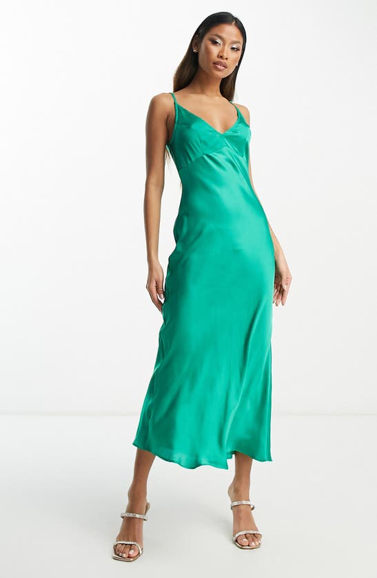 Asos Design High Apex Midi Slip Dress In Hammered Satin In Green