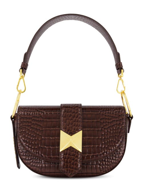 Mac Duggal Crocodile Embossed Leather Gold Hardware Saddle Bag In Chocolate