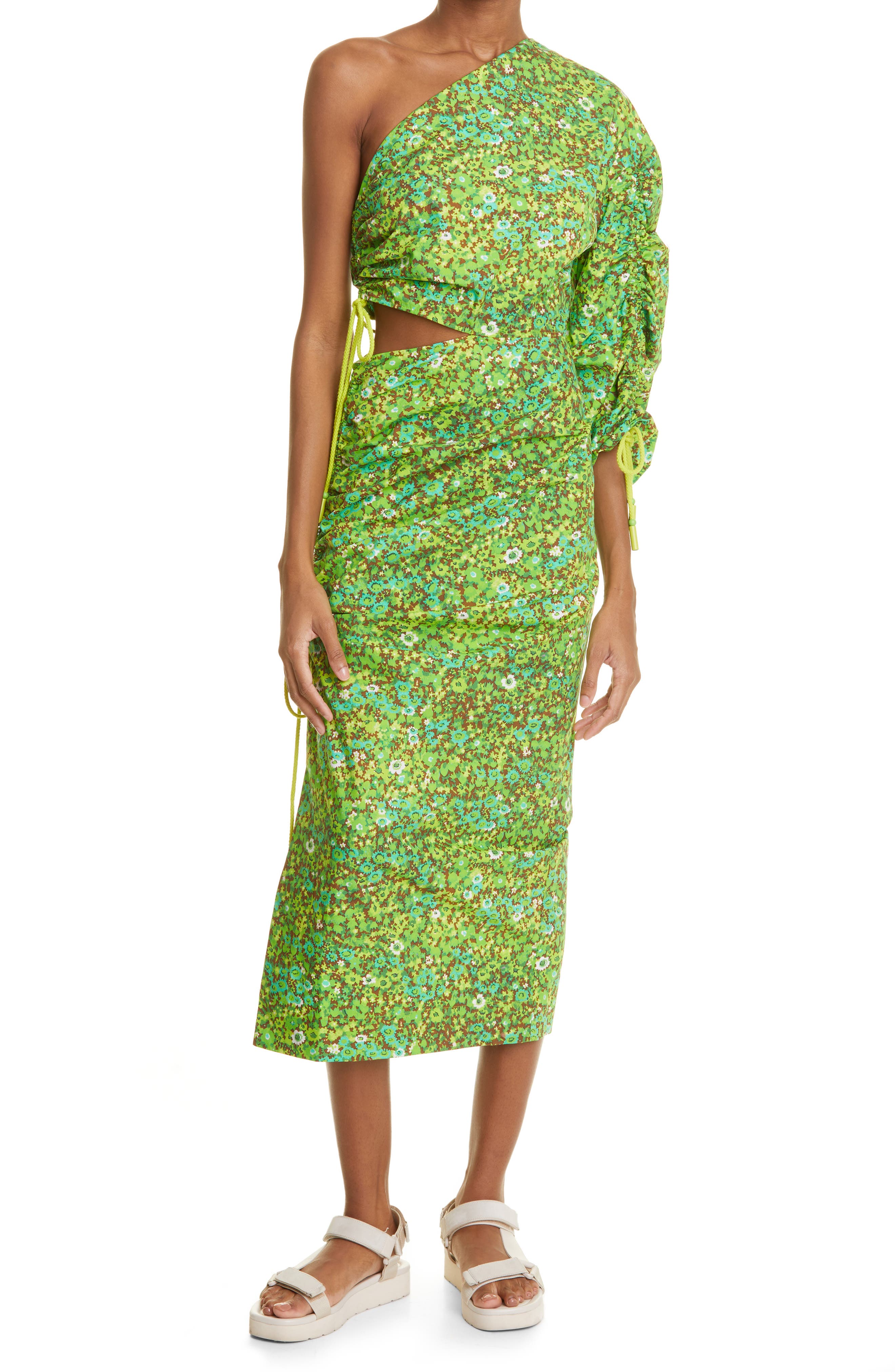 ALEMAIS Phyllis Ruched One-Shoulder Organic Cotton Dress in Acid Green at Nordstrom, Size 8