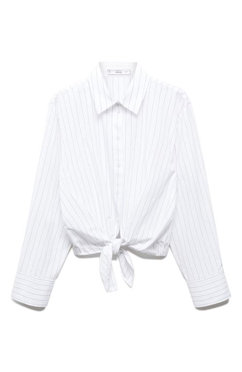 Shop Mango Stripe Tie Waist Crop Button-up Poplin Top In Natural White