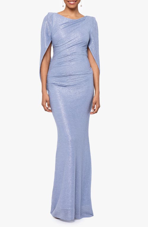 Metallic Crinkle Cape Sleeve Trumpet Gown in Blue/Silver