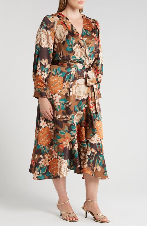 Shop Tahari Asl Floral Satin Ruffle Midi Dress In Chocolate Taupe