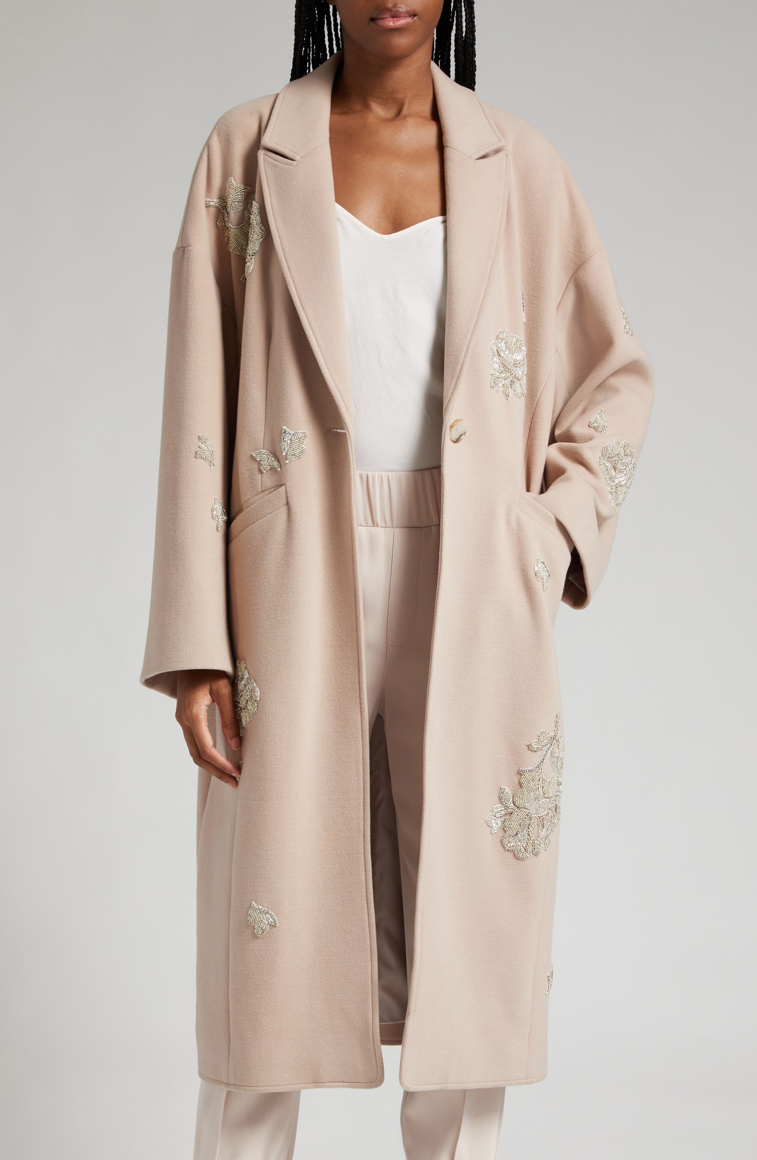 Cinq à Sept Gravis Rose Embellished Coat in Oyster | Smart Closet