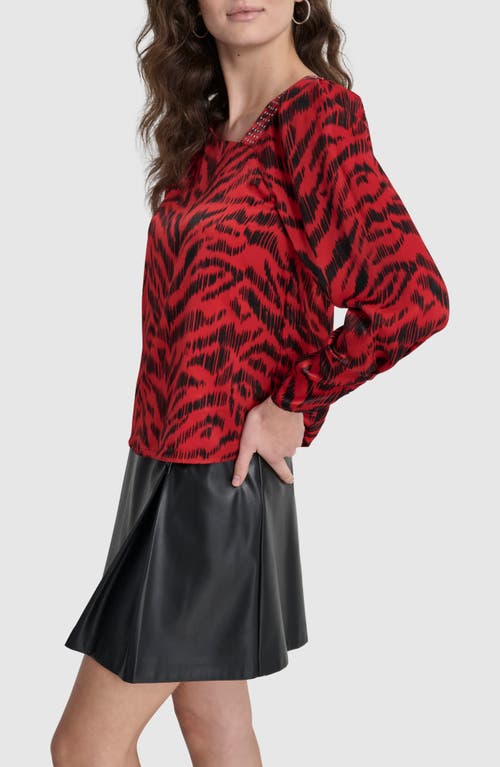 Shop Dkny Asymmetric Neck Satin Top In Red Tiger