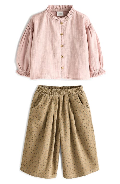 Next Kids' Cotton Gauze Shirt & Wide Leg Corduroy Pants Set In Pink