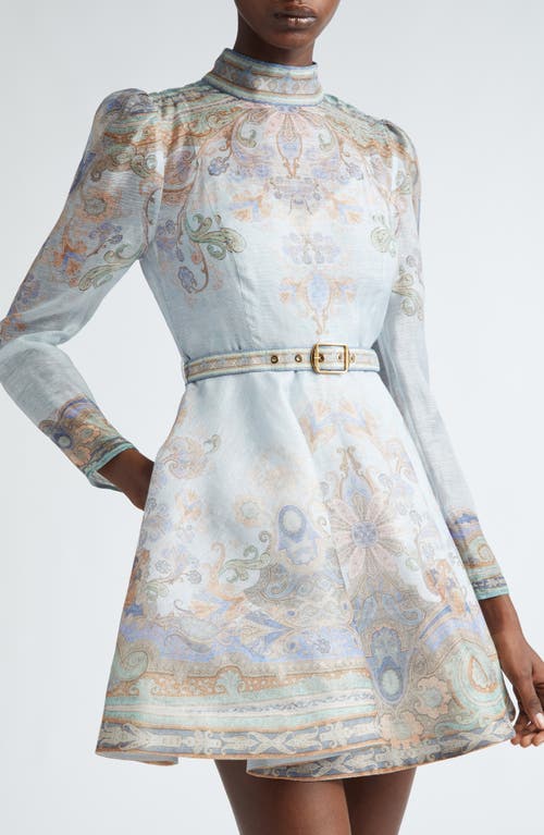 Shop Zimmermann Eden Belted Long Sleeve Linen & Silk Minidress In Blue Paisley