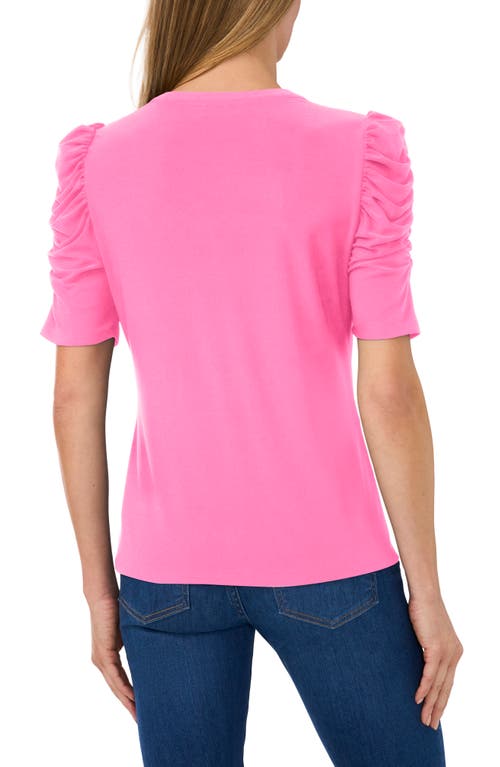 Shop Cece Ruched Sleeve Crepe Knit Henley In Freeisa Pink