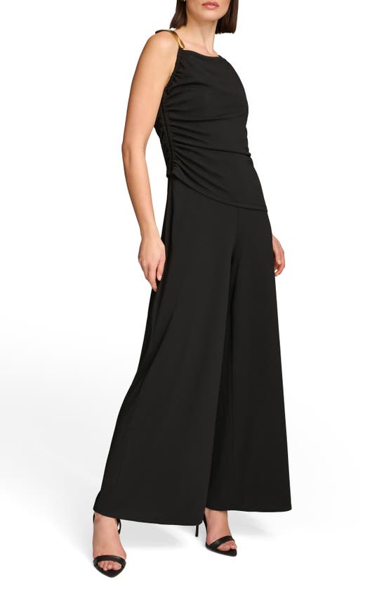 Shop Dkny Poly Ruched Sleeveless Wide Leg Jumpsuit In Black
