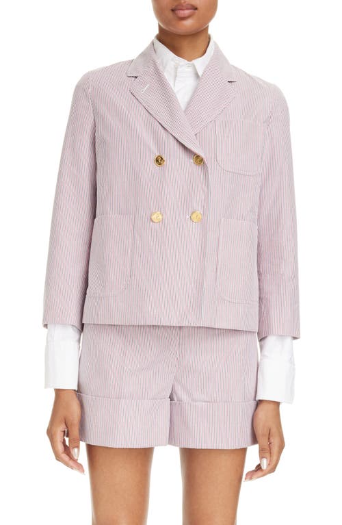 Thom Browne Unconstructed Fit Stripe Crop Double Breasted Blazer In Pink/white