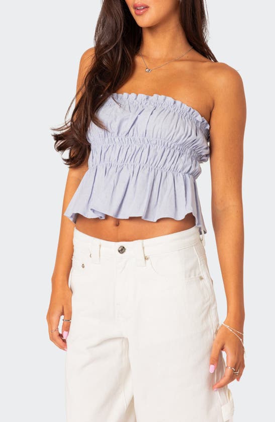 Shop Edikted Katherine Smocked Strapless Crop Top In Light-blue