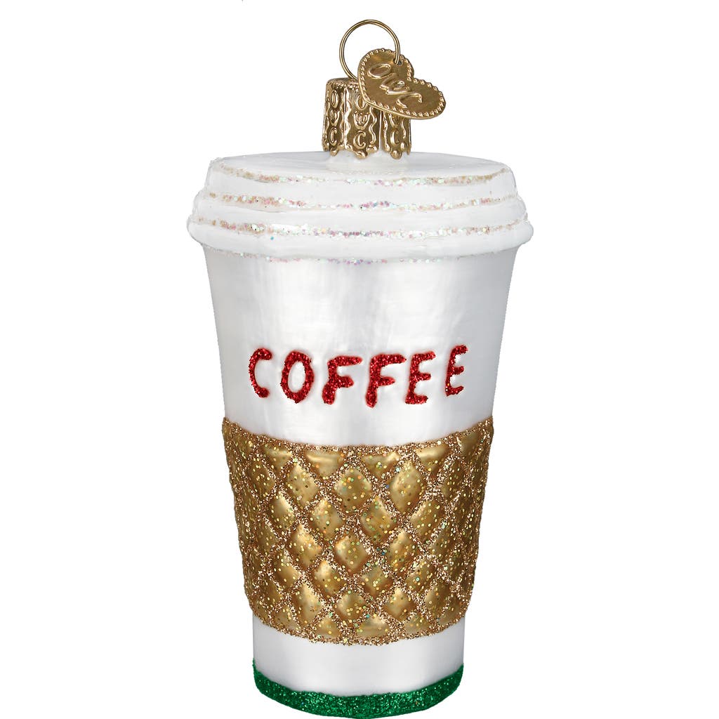 Old World Christmas Coffee To Go Glass Ornament In White/gold/red
