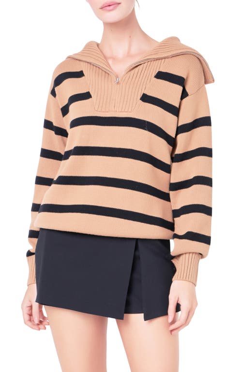 English Factory Stripe Cotton Zip Pullover In Tan/black