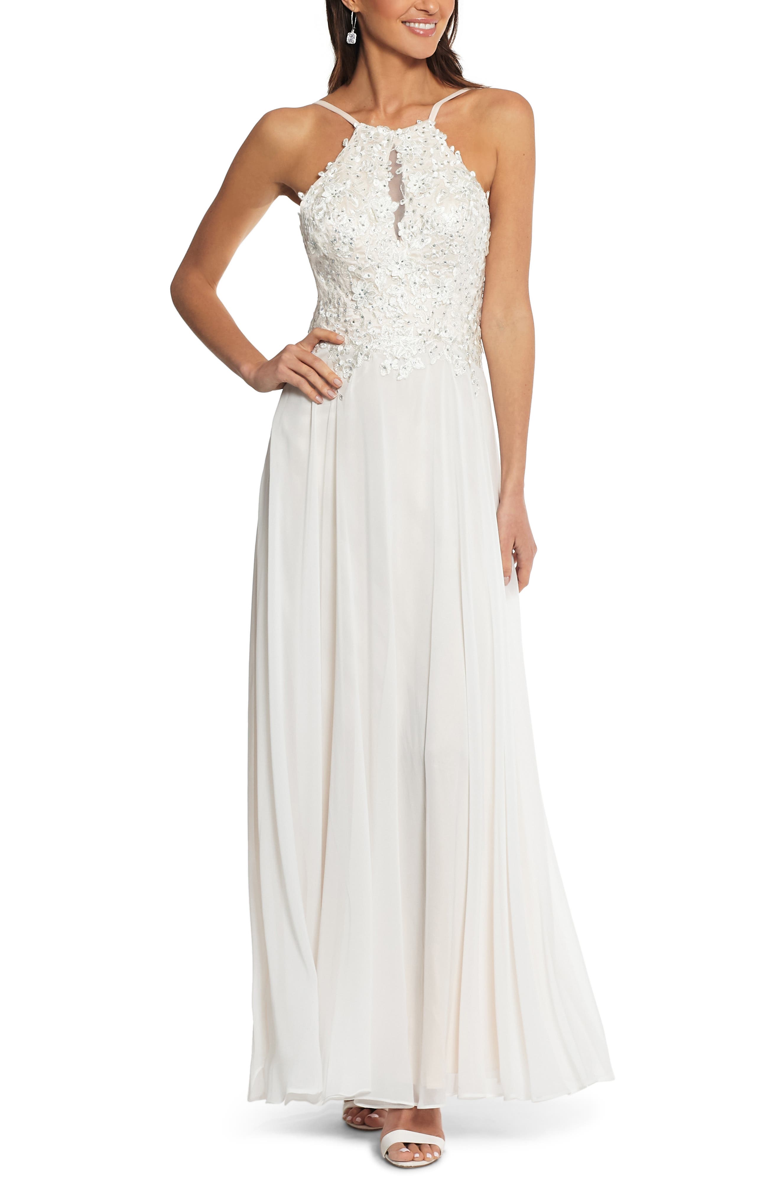 Xscape Beaded 3D Floral Lace Chiffon Evening Dress, Pink