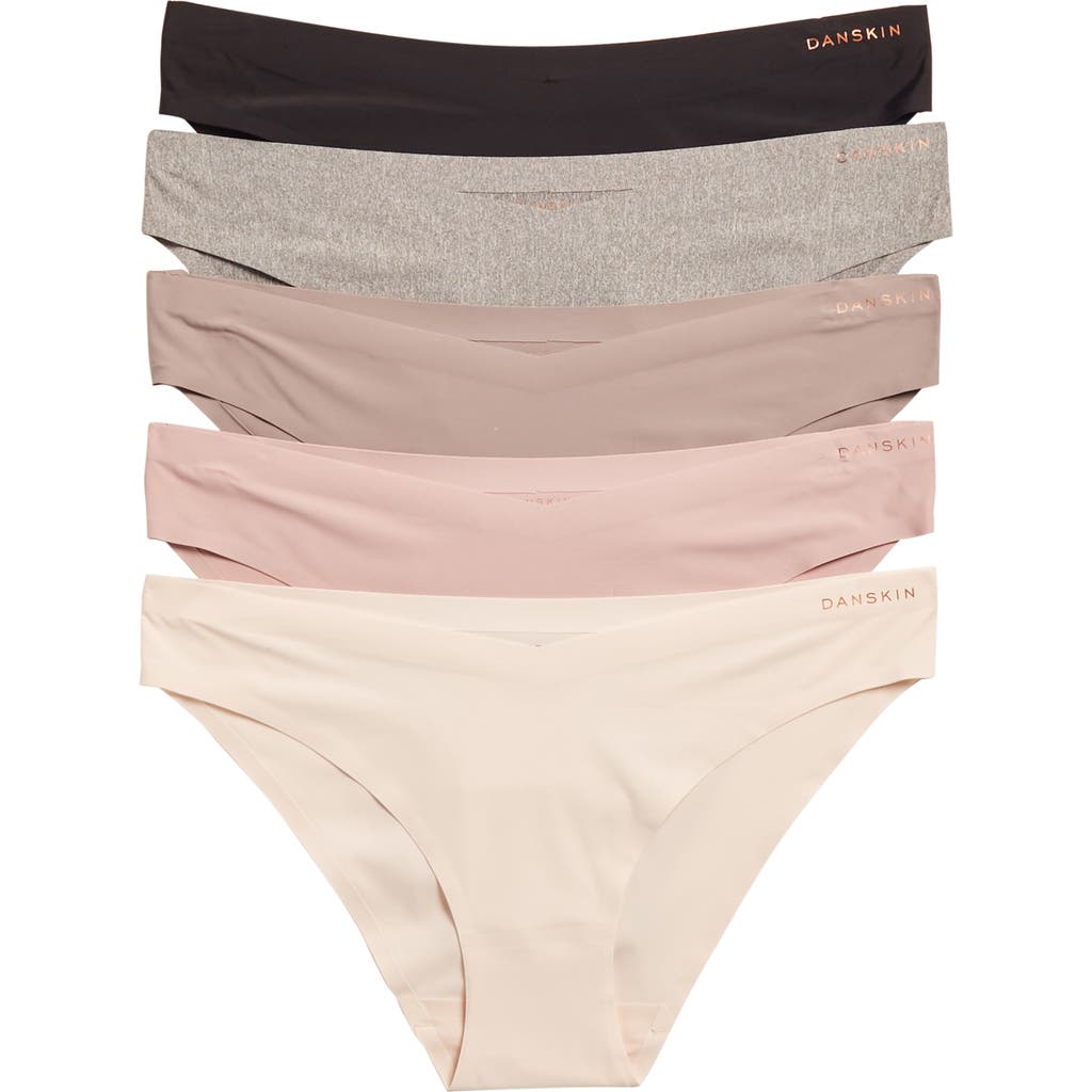 Danskin Bonded 5-pack Microfiber Bikinis In Pink/mauve/grey