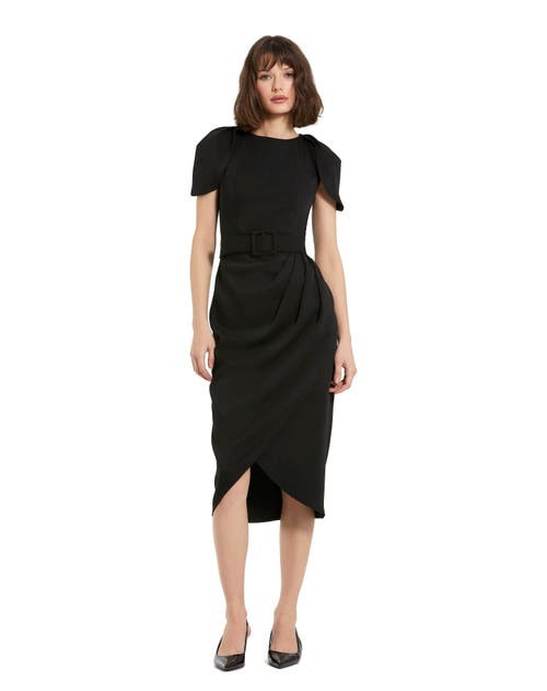 Mac Duggal Crepe High Neck Midi Tulip Dress With Belt In Black