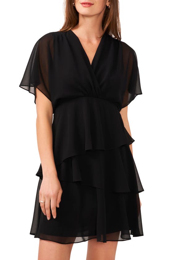 Shop Halogen (r) Flutter Sleeve Tiered Ruffle Chiffon Dress In Rich Black