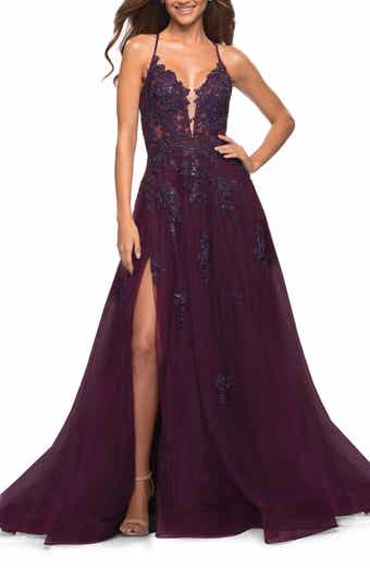 Embroidered illusion plunge ball gown hot sale