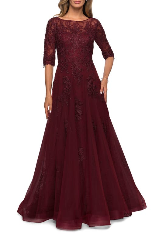 Floral Lace & Tulle Gown in Burgundy