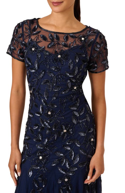 Adrianna Papell Floral Embroidered Beaded Trumpet Gown In Light Navy