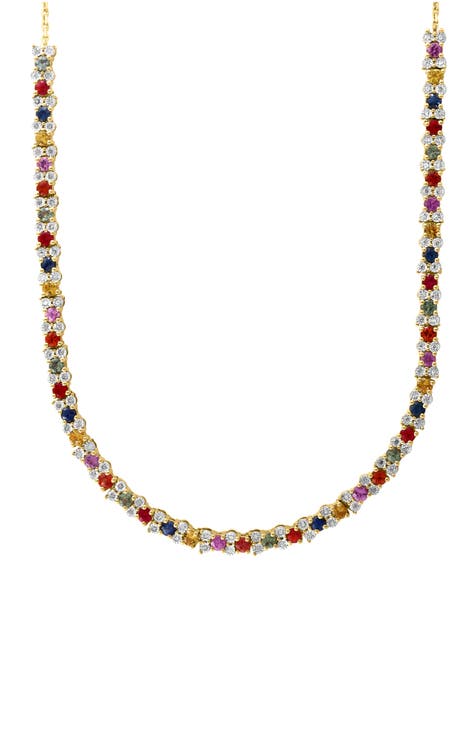 14K Gold Plated Sterling Silver Multi Sapphire & Diamond Necklace - 0.42ct.