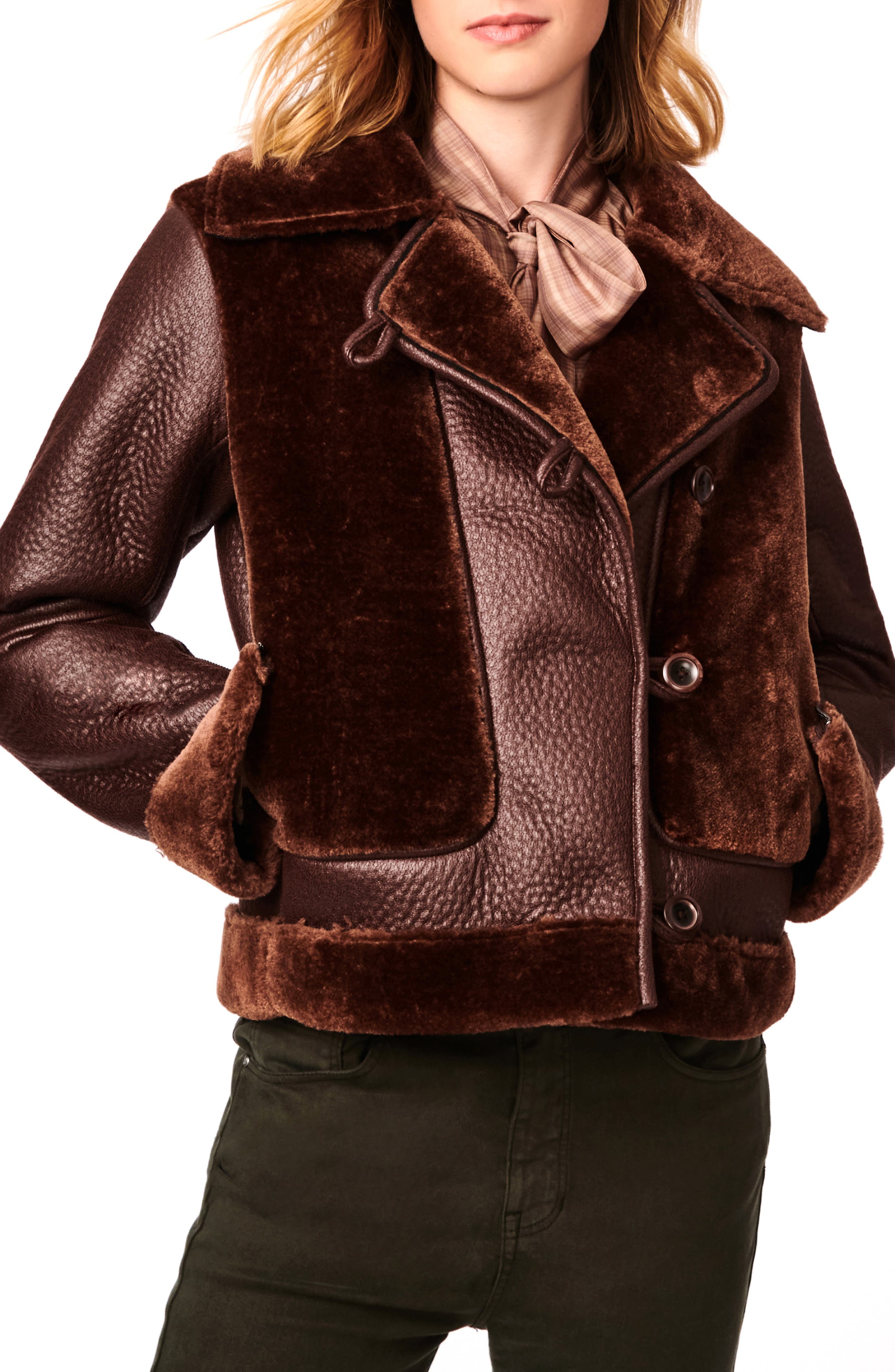 Bernardo Crop Mixed Media Aviator Jacket in Brown Cover