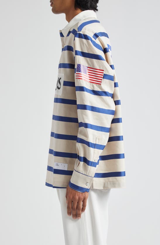 Shop 4sdesigns Oversize Stripe Lyocell & Linen Rugby Shirt In Off White/ Navy