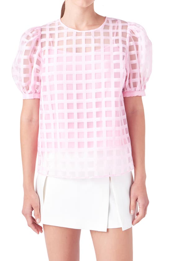 English Factory Women's Plaid Sheer Puff Sleeve Top In Pink