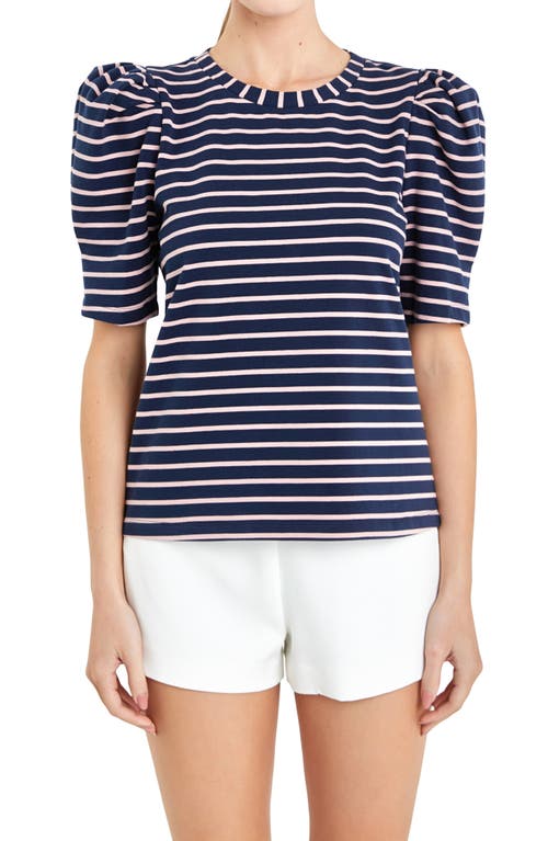 Shop English Factory Stripe Puff Sleeve Top In Navy/pink