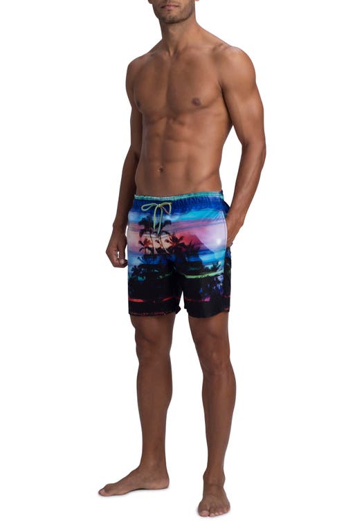 Shop Bugatchi Rainbow Sunset Print Swim Trunks In Night Blue