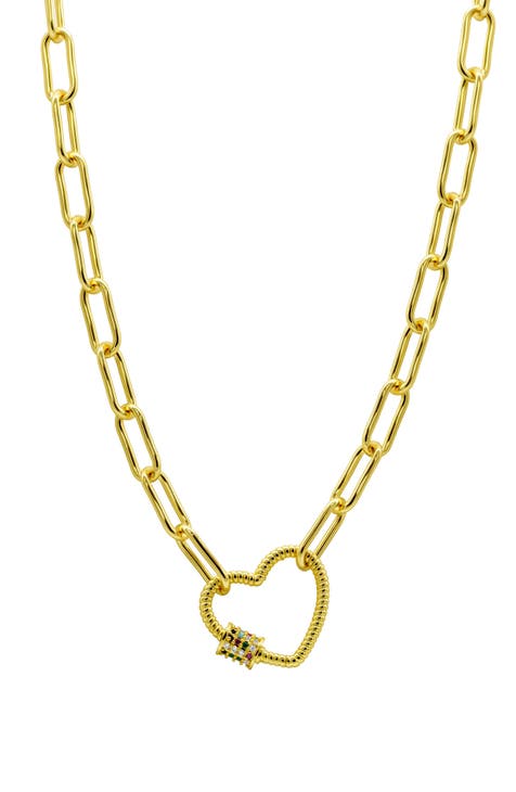 Crystal Heart Pendant Paper Clip Chain Necklace