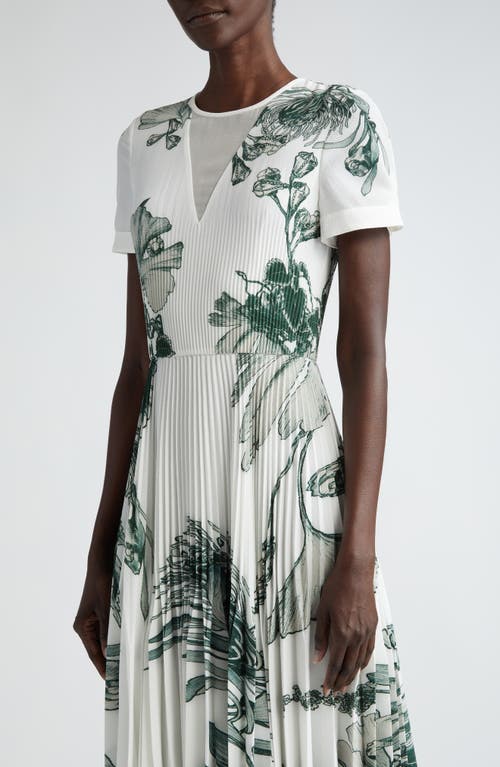 Shop Jason Wu Collection Forest Print Pleated Stretch Crepe Dress In Chalk/emerald