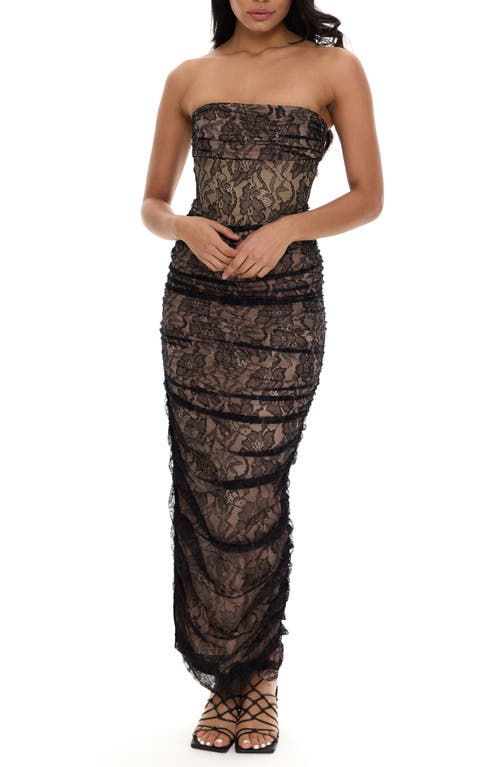 Ruched Lace Strapless Corset Gown in Black