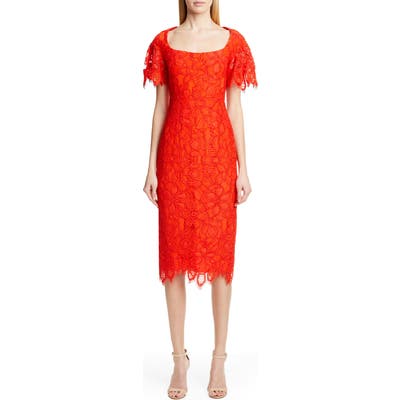 Lela Rose Flutter Sleeve Eyelash Lace Midi Dress, Red