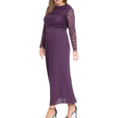 Plus Size Eloquii Lace Bodice Pleated Long Sleeve Evening Dress, Purple