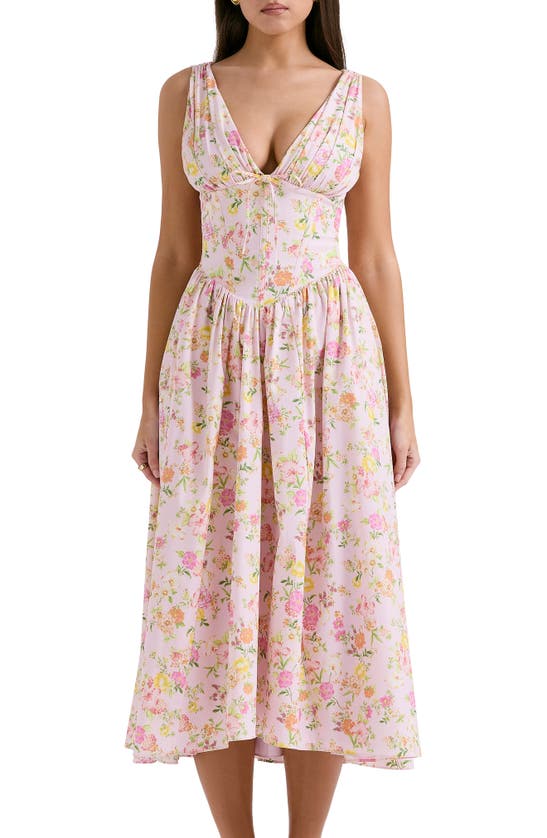 House Of Cb Emmelina Sleeveless Stretch Poplin Midi Dress In Pink Floral Print
