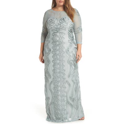Plus Size Js Collections Soutache Trim Mesh Column Gown, Blue/green