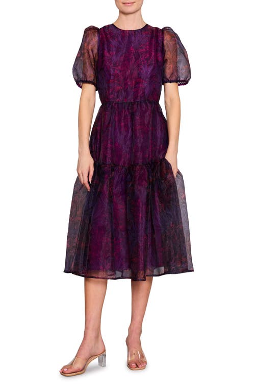 Shop Melloday Print Puff Sleeve Tiered Midi Dress In Magenta Multi