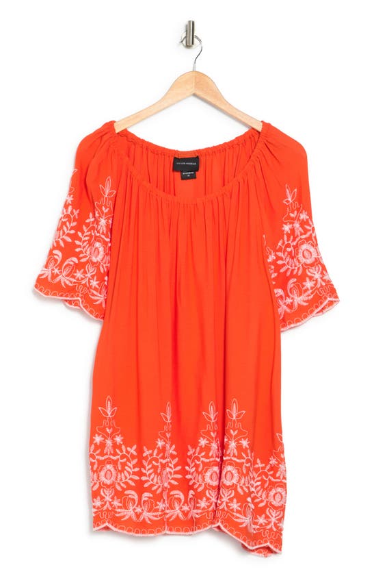 Forgotten Grace Embroidered Trim Peasant Tunic Top In Coral