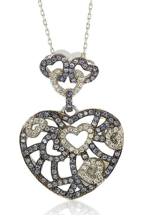 Sterling Silver Pavé Blue Sapphire & Lab Created White Sapphire Heart Pendant Necklace