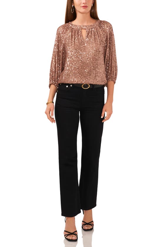 Vince Camuto Sequin Keyhole Neck Blouse In Fox Trot