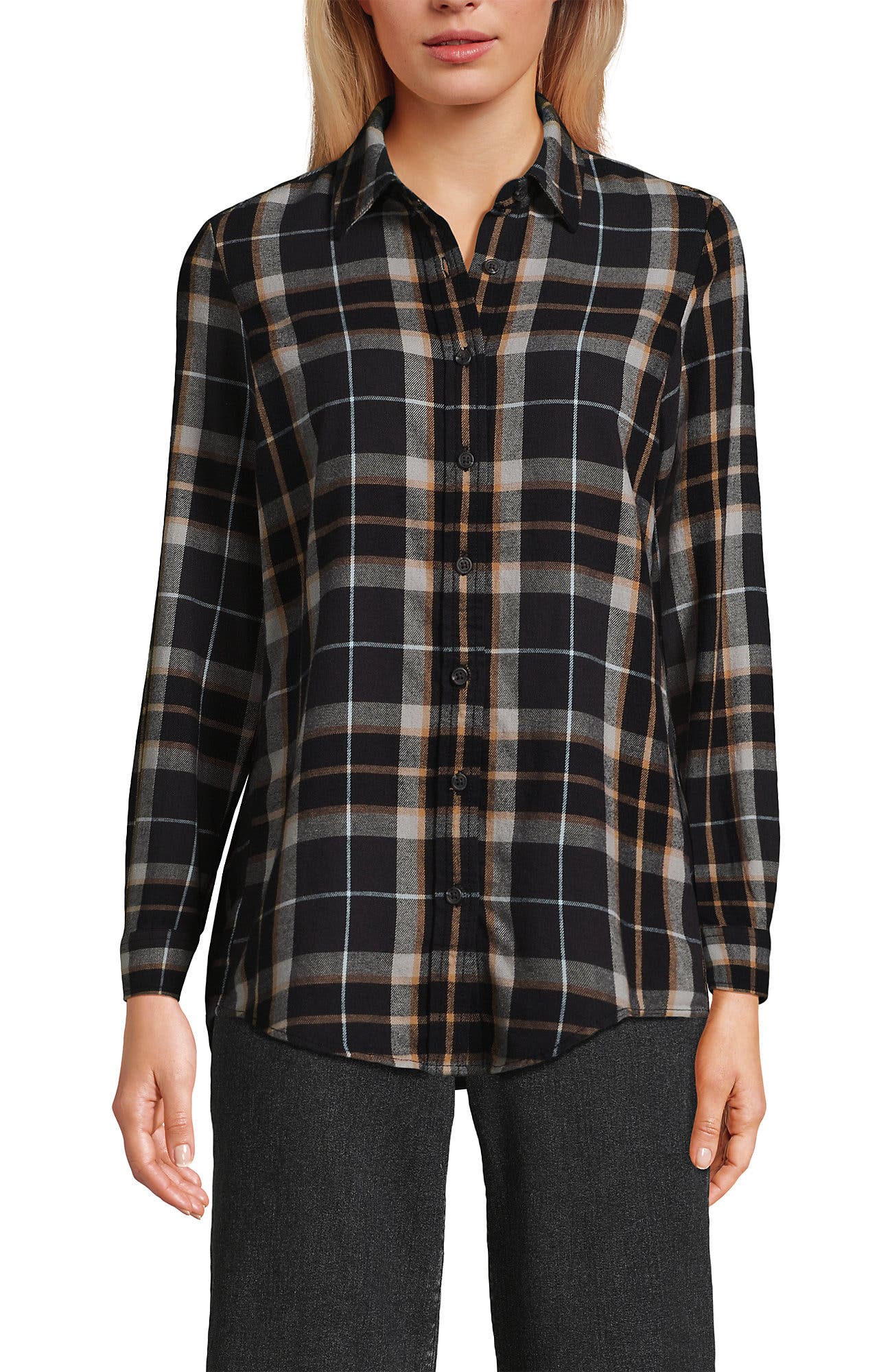 Lands' End Plus Size Flannel Boyfriend Fit Long Sleeve Shirt in Black/pale Aqua Ice Plaid Cover