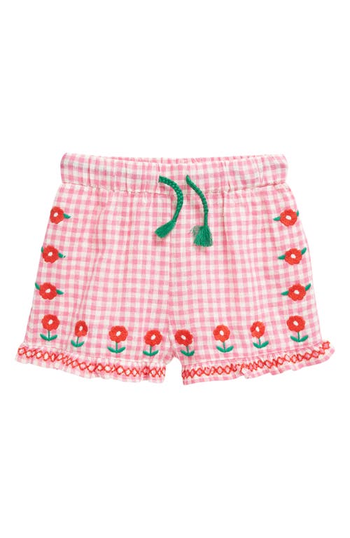Mini Boden Kids' Embroidered Frill Hem Shorts In Pink/ivory Gingham