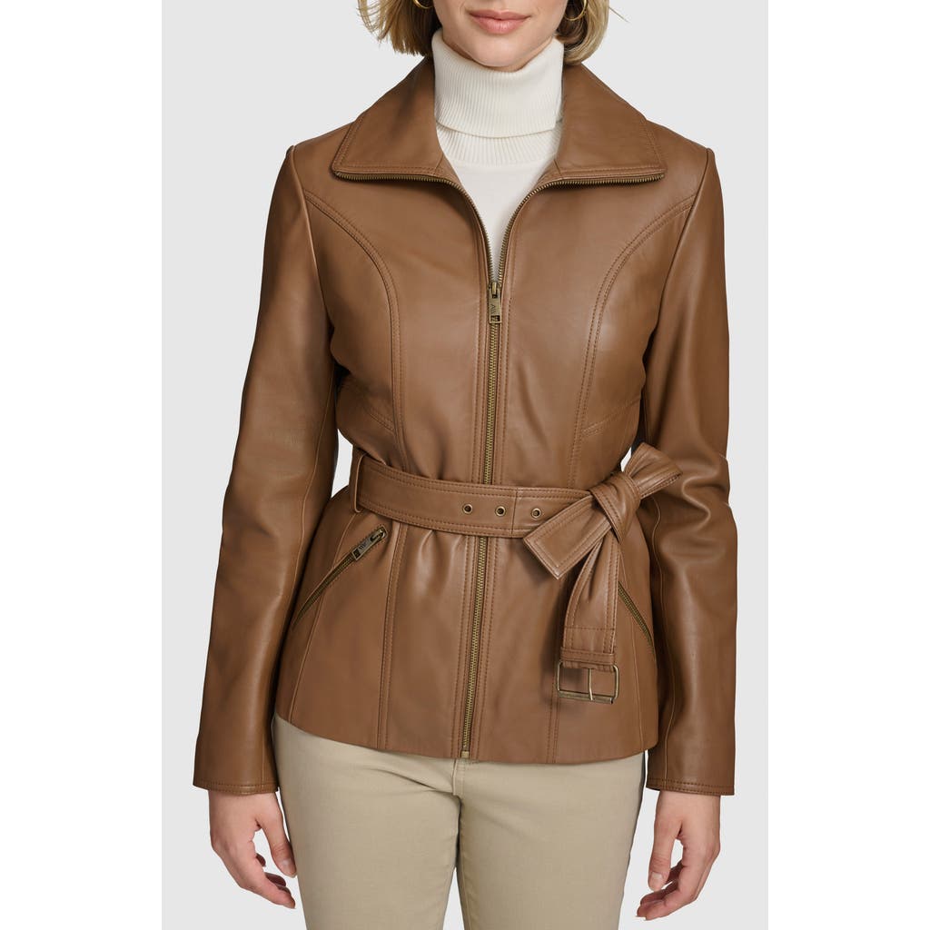 Andrew Marc Tatum Belted Leather Jacket In Cognac