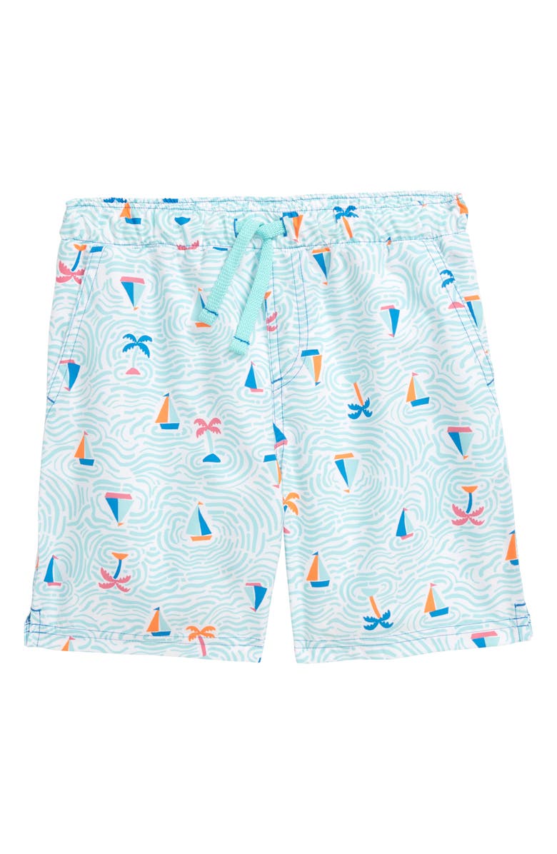 TUCKER + TATE Printed Tie Waist Swim Trunks, Main, color, WHITE- TEAL BOATS