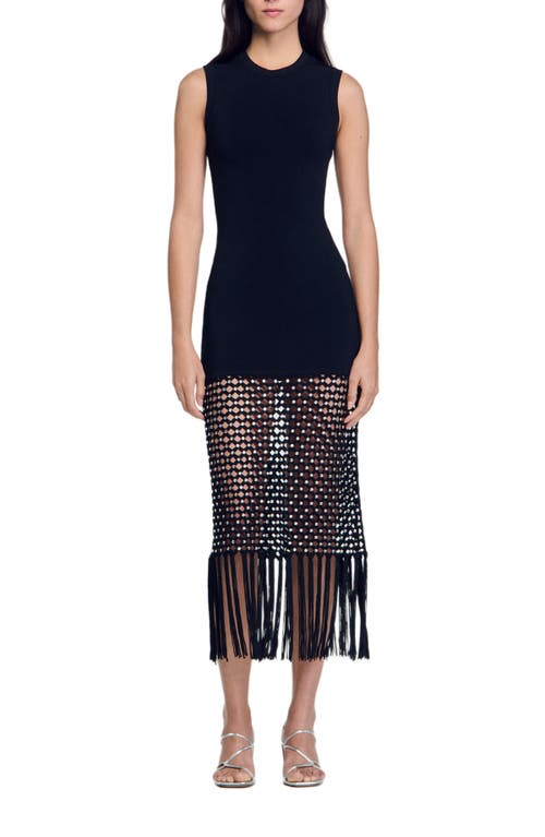 Shop Sandro Fringed Knit Dress In Black